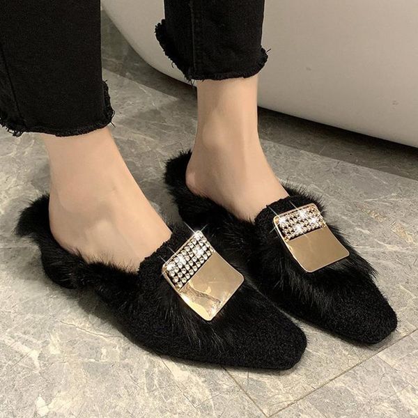 

slippers 2021 women fashion spring autumn suede metal buckle rhinestone heel slip-on pink elegant woman slipper, Black