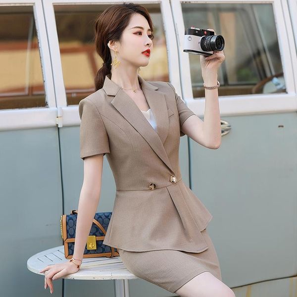 

two piece dress summer short sleeve formal rofessional women business suits with skirt and ol styles ladies office career blazers set, White