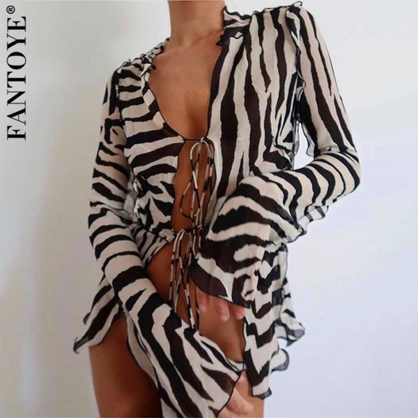 

2021 new chiffon zebra printed see though cardigan blouses women autumn bandage long sleeve shirts casual fashion o9lf, Gray