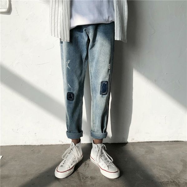 

2021 new men's fashion black/blue casual cargo pants baggy classic patch decorate jeans biker denim high-quality trousers -2xl m7c6