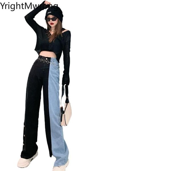 

women's jeans high waist loose straight patchwork colorblock side button up streetwear boyfriend denim pant women trouser korean clothe, Blue