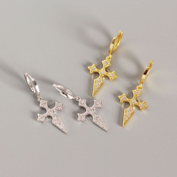 

yhe0116 popular s925 sterling silver cross inlaid with diamond baroque style ear buckle versatile ear ornament female, Golden