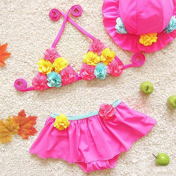 

two-pieces kids swimwear suits baby swimming girls swimsuit bathing children clothes three-piece flower bikini beach sets, Blue