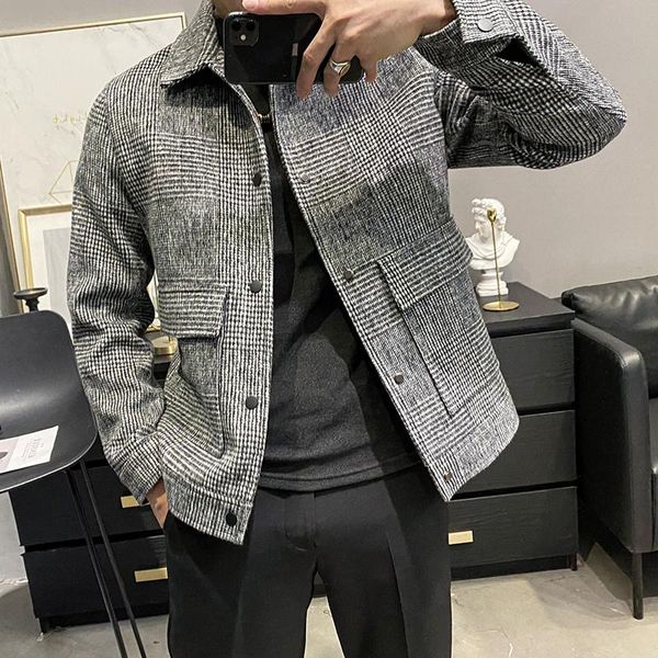 

men's wool & blends winter autumn woolen plaid short jackets male casual lapel overcoats men slim-fitting trench coats o666, Black