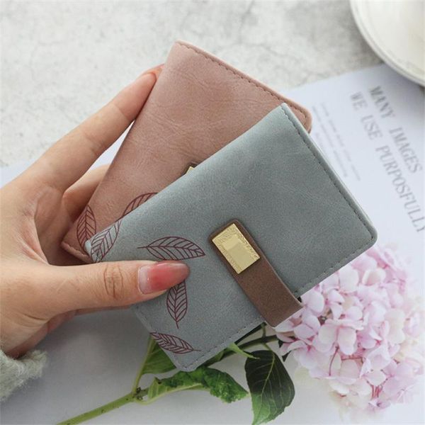 

card holders concise cute short leaf printed wallet student sectionalized folded holder protector for woman f1006, Brown;gray