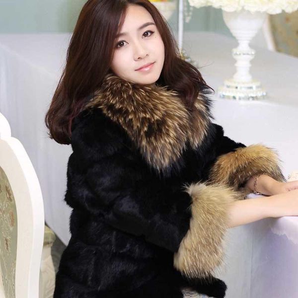 

women's fur & faux real genuine natural coat with raccoon collar and cuffs lady fashion stripe jacket outwear, Black