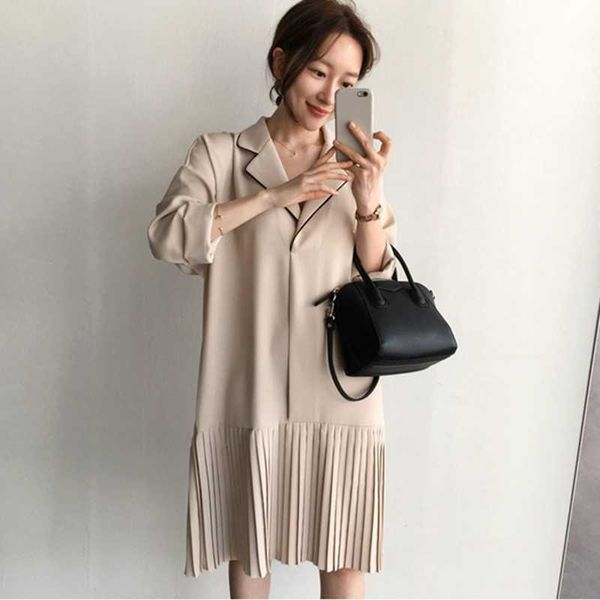 

spring casual pleated women elegant dresses long sleeve notched neck high waist solid color loose dress 210529, Black;gray