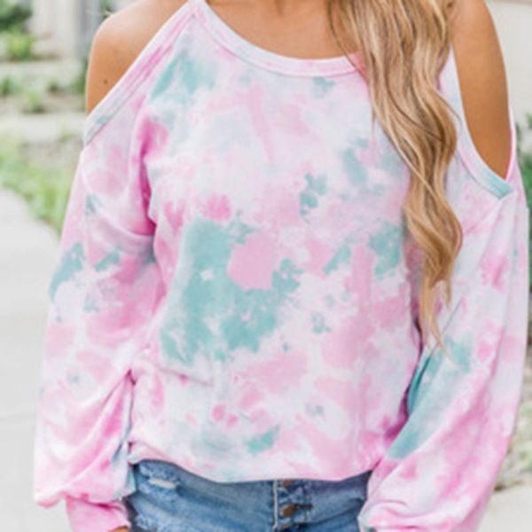 

women's t-shirt women tie-dye printed long sleeved off shoulder casual comfortable o-neck breathable ladies t-shirts ropa mujer, White