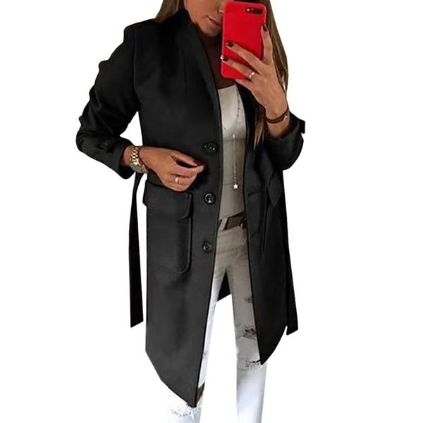 

solid pocket women woolen coat winter 2021 long sleeve with belt streetwear women clothing wool blend coat female, Black