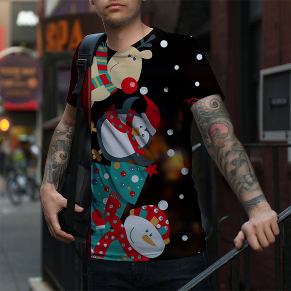 

european and men's new print cartoon elk snow doll christmas short-sleeved casual breathable street shooting party travel vacation, White;black