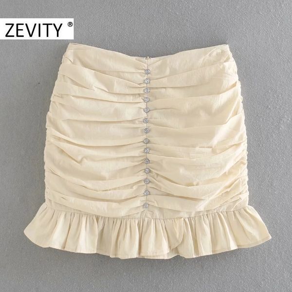 

zevity women diamond button decoration pleated slim skirt faldas mujer ladies back zipper vestido chic hem ruffles skirts qun675 210225, Black