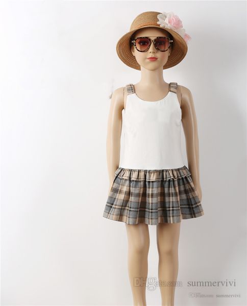 

designer kids plaid suspender dresses girls splicing lattice pleated dress summer children cotton princess clothing q4141, Red;yellow