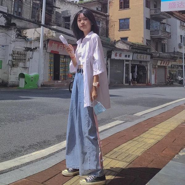 

women's jeans retro bf spring and summer korean ins loose thin wide leg daddy pants straight fashion, Blue