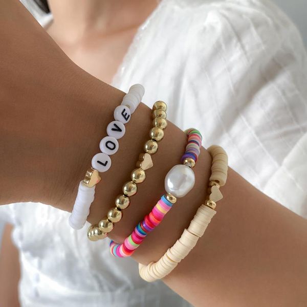 

link, chain 4pcs/set boho letter love charm bracelet set for women fashion colorful polymer clay disc brush friendship jewelry gifts, Black