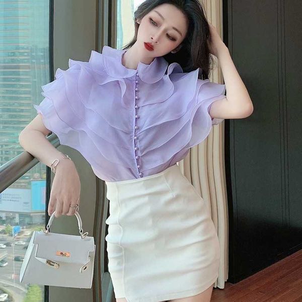 

summer women's layer ruffles solid fashion female vintage ruffled cake pearl button mesh shirt 210531, White