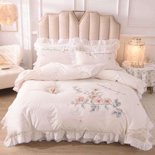 

bedding sets luxury white pure cotton flowers embroidery princess girls set lace ruffle duvet cover bed sheet skirt pillowcases