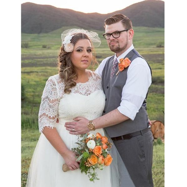 

plus size a line wedding dress white tulle lace country bridal gowns jewel neck half sleeve floor length bride dresses us2 us26w