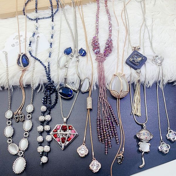 

yao mixed batch fashion simple crystal zircon sweater chain korean versatile pendant long and short collarbone chain necklace, Silver