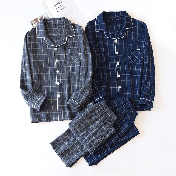 

2021 new men's plaid suit 100% cotton crepe cloth pajamas long-sleeved trousers simple two-color plus size home service fpx7, Black;brown