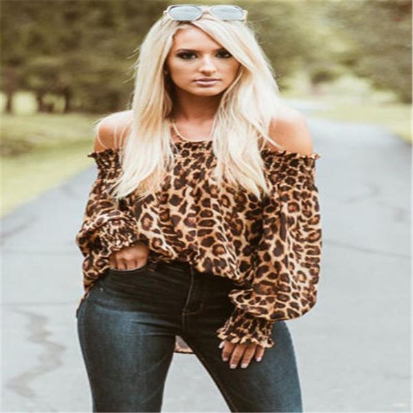 

women's blouses & shirts fashion causal women off shoulder leopard print puff long sleeve loose top, White