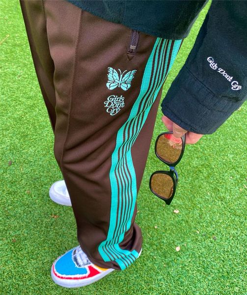 

needles girls dont cry awge striped sweatpants men women butterfly embroidery ribbon leisure pants joggers japan trousers, Black