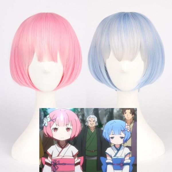 

party masks re: life in a different world of zero graduate ram rem wig cosplay for women pink blue anime straight short
