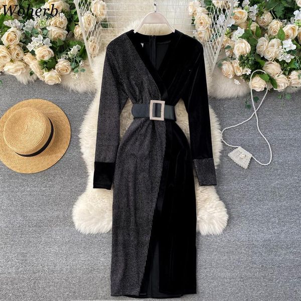 

casual dresses woherb robe femme contrast color patch vintage sequined velvet dress autumn winter woman belt high waist vestido elegant, Black;gray