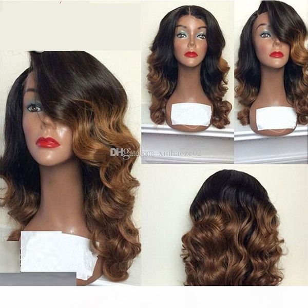 

ombre body wave human hair full lace wigs ombre 1b 30# glueless lace front wig two tone ombre wigs for black women, Black;brown