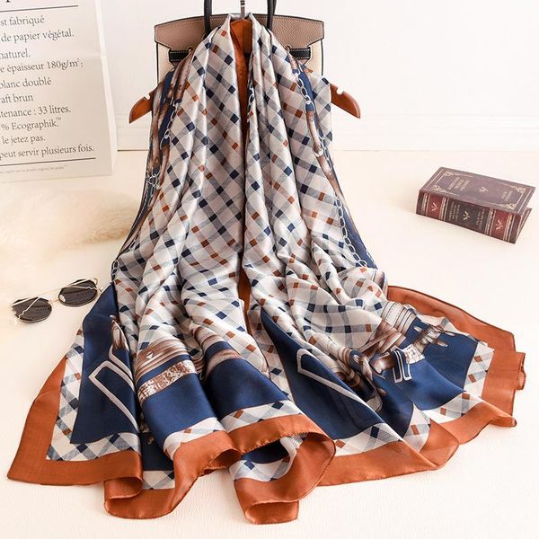 

scarves 2021 korean style 180x90cm silk scarf lady wraps lattice print bufanda beach stole luxury foulard hijab shawls, Blue;gray