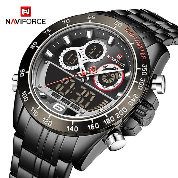 

wristwatches naviforce luxury watches men business luminous dual time week display chronograph waterproof steel strap watch relogio masculin, Slivery;brown