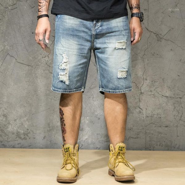 

men's shorts summer plus size denim men blue loose straight knee length ripped jeans, White;black