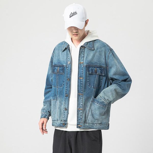 

vintage youth denim clothes jacket men coats streetwear autumn winter multiple pocket hip hop male clothing korea japan, Black;brown