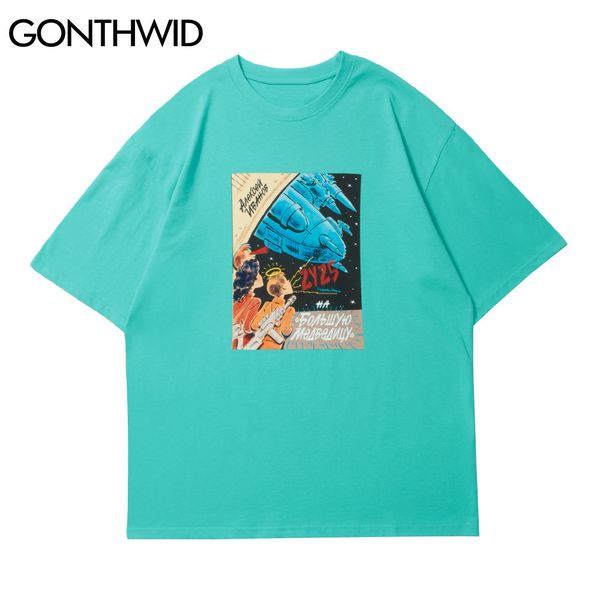 

gonthwid short sleeve tees streetwear casual cartoon anime rocket print t-shirts cotton harajuku hip hop tshirts loose male c0315, White;black