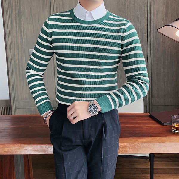 

New High 2021 Quality Casual Autumn Mesh of Striped Men Clothes Round Neck Fine Tuning Pullovers Pull Homme 3xl- Y7DH, White;black