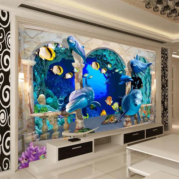 

wallpapers large mural wallpaper underwater world marine dolphins swimming through marble arch painting for kids room wallpapercustom 8d