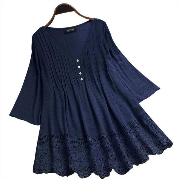 

5xl plus size fashion women blouses summer v neck three quarter sleeve lace patchwork casual ladies, White
