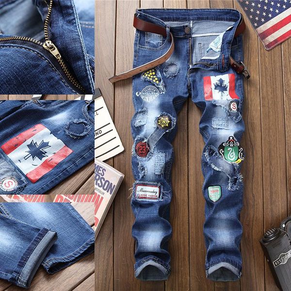 

men's jeans ripped denim jeans, cotton, european and american straight brand high-quality men trousers elastic patch badge, Blue