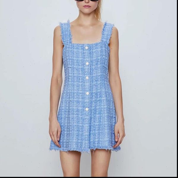 

elegant women tweed sun dress 2021 summer fashion ladies vintage gem button dresses boho female slim midi dress girls chic, Black;gray