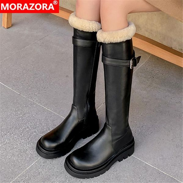 

boots morazora 2022 arrive flat platform shoes women genuine leather zip winter casual knee high black
