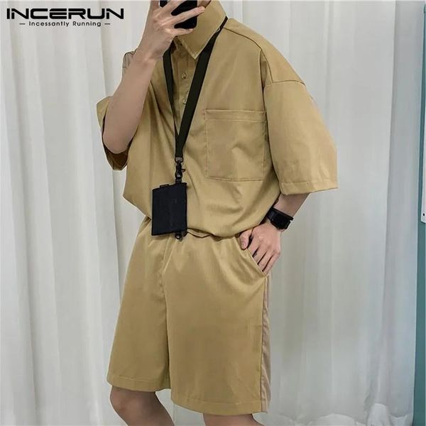 

men's tracksuits 2021 men casual sets solid loose lapel short sleeve shirt elastic waist shorts streetwear fashion suit 2 pieces inceru, Gray