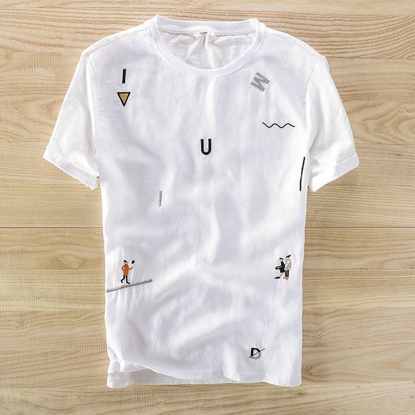 

2021 new summer men's casual short-sleeved t-shirt linen clothing breathable alphabet cartoon printing t shirt men fashion tshirt mens, White