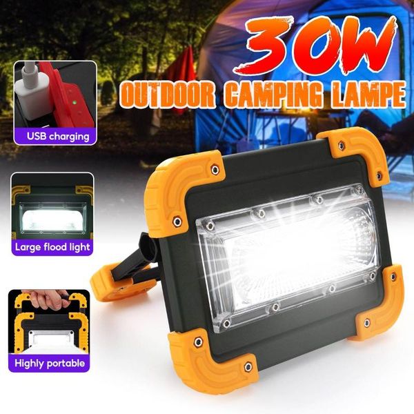 

portable lanterns 30w led spotlight 3000lm super bright cob work light usb rechargeable outdoor camping lampe by 18650