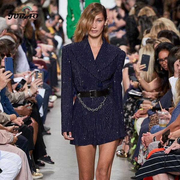 

women's jumpsuits & rompers 2021 arrival dark blue belt playsuit short autumn long sleeve striped v neck women celebrity club party lad, Black;white
