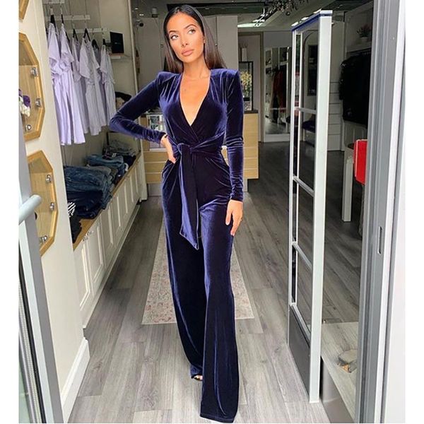 

women's jumpsuits & rompers omsj 2021 autumn women fashion velvet solid deep v-neck long sleeve high waist casual bell-bottoms, Black;white