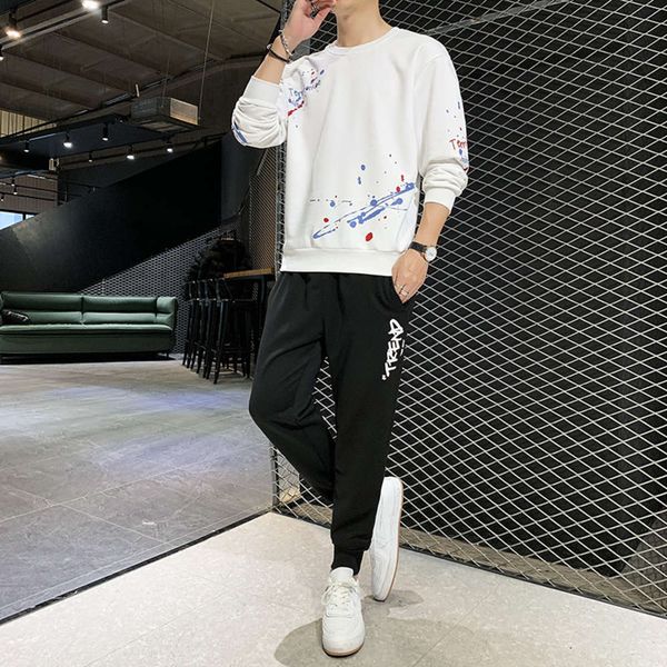 

men's sweater set men's youth fashion brand round neck korean graffiti printing long sleeve leisure sports large men, Black