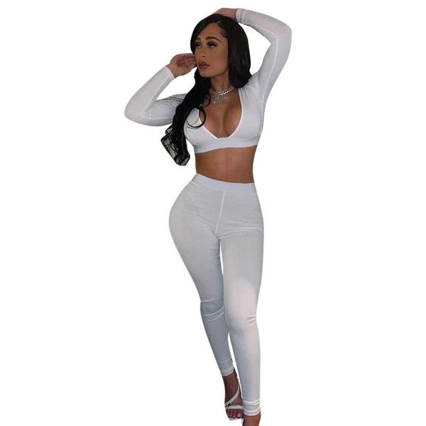 

women's two piece pants s-l women 2 outfits solid color ribbed design deep v neck and slim high waist pieces wholesale drop, White