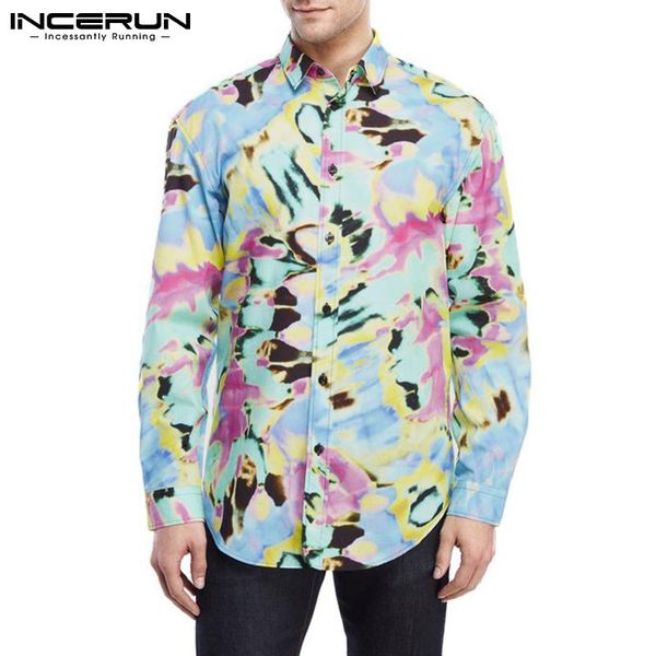 

men fashion printed camisa leisure floral button chemise incerun 2021 spring long sleeve shirts man loose breathable blouse 5xl, White;black