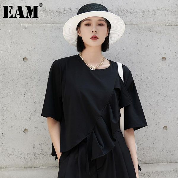 

women's t-shirt [eam] women black big size casual irregular ruffles round neck short sleeve fashion tide spring summer 2021 1dd9159, White