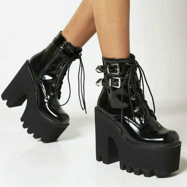 

boots 2021 women ankle platform square high heel ladies motorcycle patent pu leather side zipper lace up black