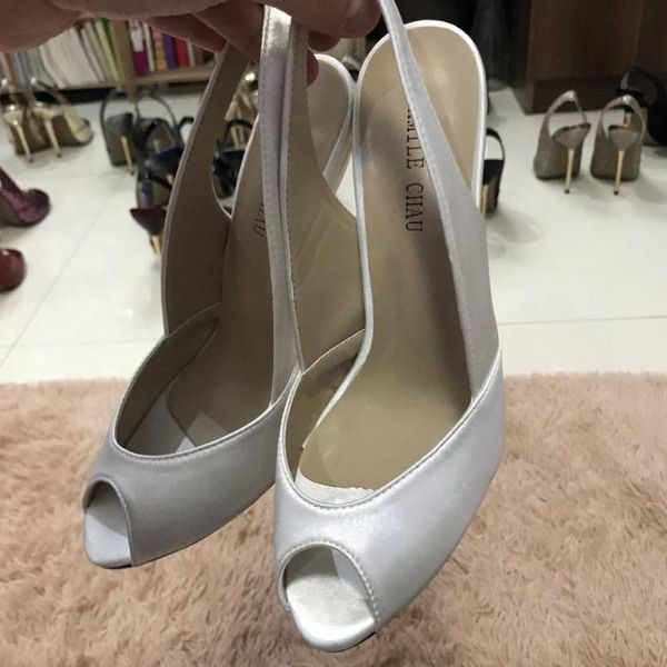 

dress shoes ivory satin pumps high heel bridals party women summer peep toe sling back stiletto fish mouth 11cm, Black